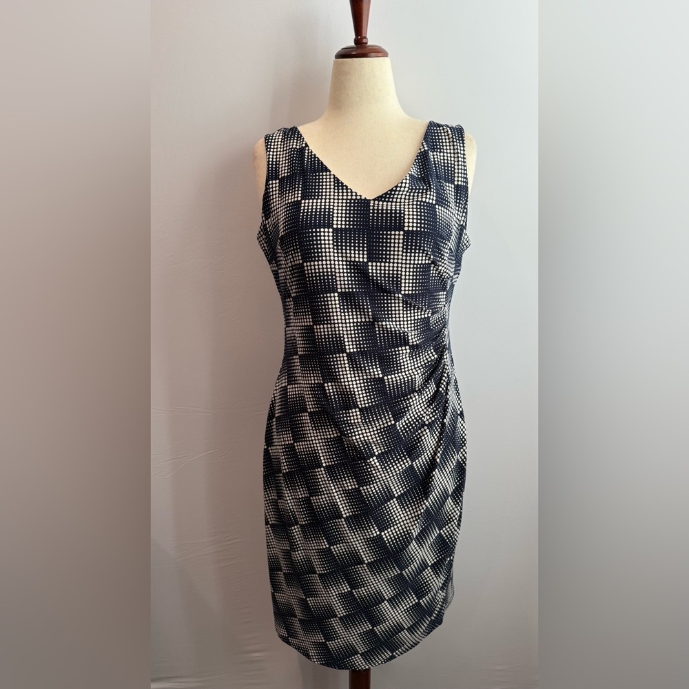 Anne Klein Navy and Cream Checkered Midi‎ Dress